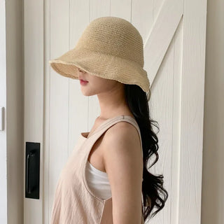 Spring Summer Knit Wide-Brim Bucket Hat Bonnet