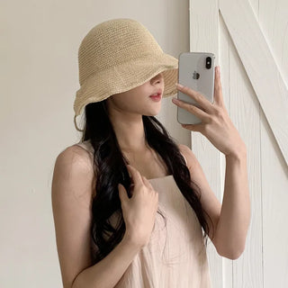 Spring Summer Knit Wide-Brim Bucket Hat Bonnet