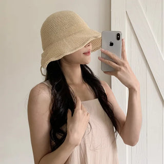 Spring Summer Knit Wide-Brim Bucket Hat Bonnet