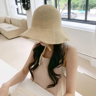 Spring Summer Knit Wide-Brim Bucket Hat Bonnet