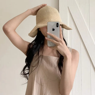 Spring Summer Knit Wide-Brim Bucket Hat Bonnet