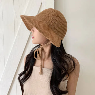 Spring Summer Knit Wide-Brim Bucket Hat Bonnet