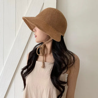 Spring Summer Knit Wide-Brim Bucket Hat Bonnet