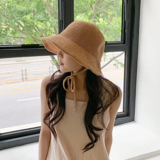 Spring Summer Knit Wide-Brim Bucket Hat Bonnet