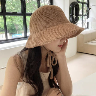 Spring Summer Knit Wide-Brim Bucket Hat Bonnet
