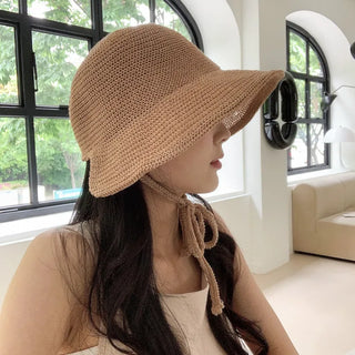 Spring Summer Knit Wide-Brim Bucket Hat Bonnet