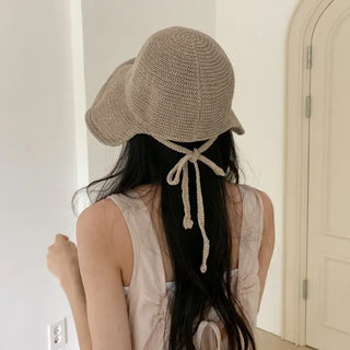 Spring Summer Knit Wide-Brim Bucket Hat Bonnet