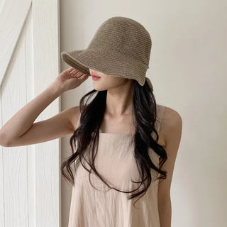 Spring Summer Knit Wide-Brim Bucket Hat Bonnet