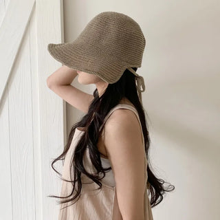 Spring Summer Knit Wide-Brim Bucket Hat Bonnet