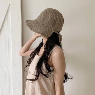 Spring Summer Knit Wide-Brim Bucket Hat Bonnet