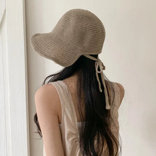 Spring Summer Knit Wide-Brim Bucket Hat Bonnet