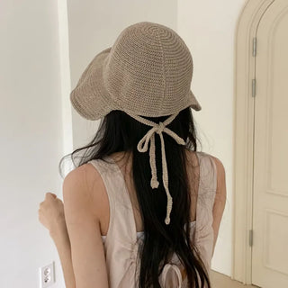 Spring Summer Knit Wide-Brim Bucket Hat Bonnet