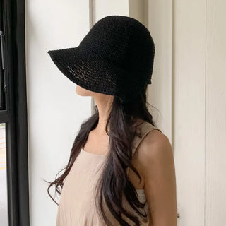 Spring Summer Knit Wide-Brim Bucket Hat Bonnet
