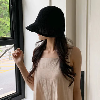 Spring Summer Knit Wide-Brim Bucket Hat Bonnet
