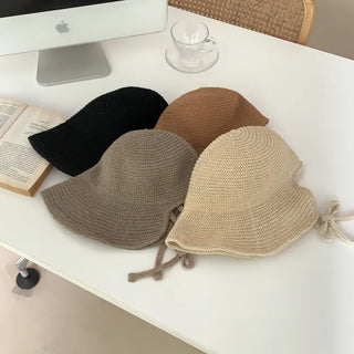 Spring Summer Knit Wide-Brim Bucket Hat Bonnet