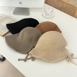 Spring Summer Knit Wide-Brim Bucket Hat Bonnet