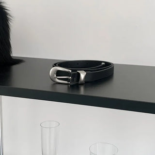 Unique Silver Matte Black Slim Leather Belt