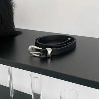 Unique Silver Matte Black Slim Leather Belt
