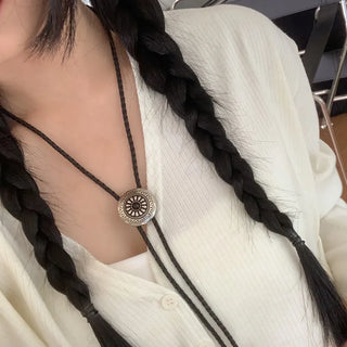 Oriental Sunflower Leather Faux Leather Long Pendant Bolo Tie Necklace
