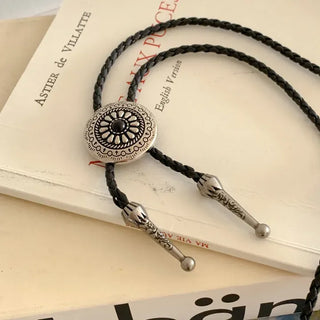 Oriental Sunflower Leather Faux Leather Long Pendant Bolo Tie Necklace