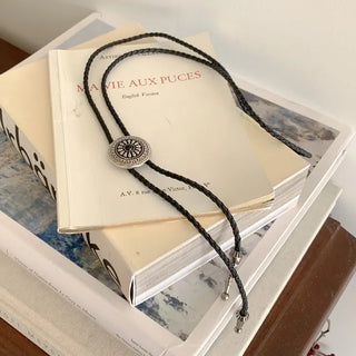 Oriental Sunflower Leather Faux Leather Long Pendant Bolo Tie Necklace