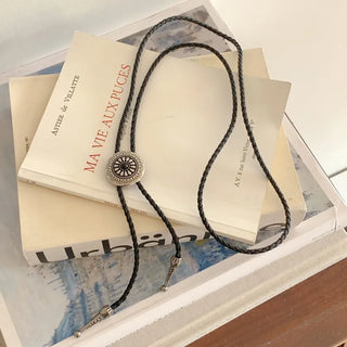 Oriental Sunflower Leather Faux Leather Long Pendant Bolo Tie Necklace