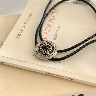 Oriental Sunflower Leather Faux Leather Long Pendant Bolo Tie Necklace