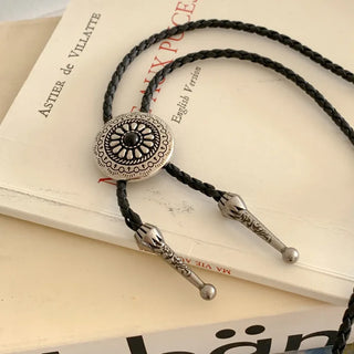 Oriental Sunflower Leather Faux Leather Long Pendant Bolo Tie Necklace