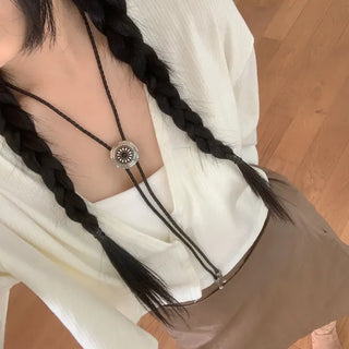 Oriental Sunflower Leather Faux Leather Long Pendant Bolo Tie Necklace