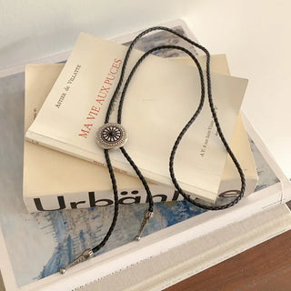 Oriental Sunflower Leather Faux Leather Long Pendant Bolo Tie Necklace