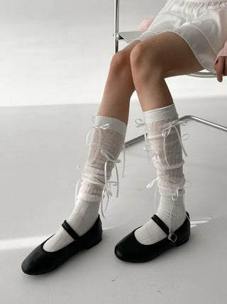 Shirred Ballet Ribbon See-through Knee Socks