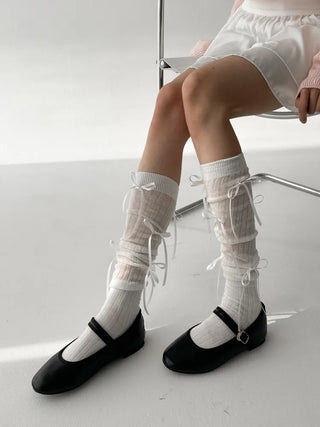 Shirred Ballet Ribbon See-through Knee Socks