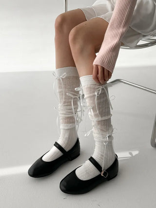 Shirred Ballet Ribbon See-through Knee Socks