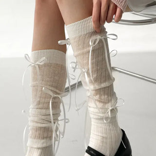 Shirred Ballet Ribbon See-through Knee Socks
