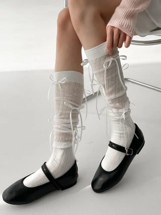 Shirred Ballet Ribbon See-through Knee Socks