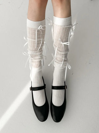 Shirred Ballet Ribbon See-through Knee Socks