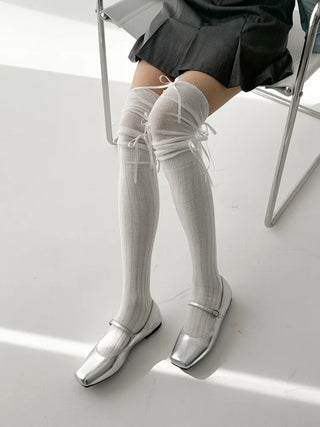 Shirred Ballet Ribbon See-through Knee Socks