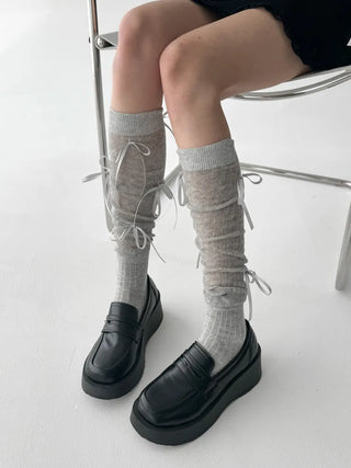 Shirred Ballet Ribbon See-through Knee Socks