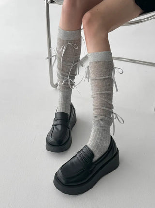 Shirred Ballet Ribbon See-through Knee Socks