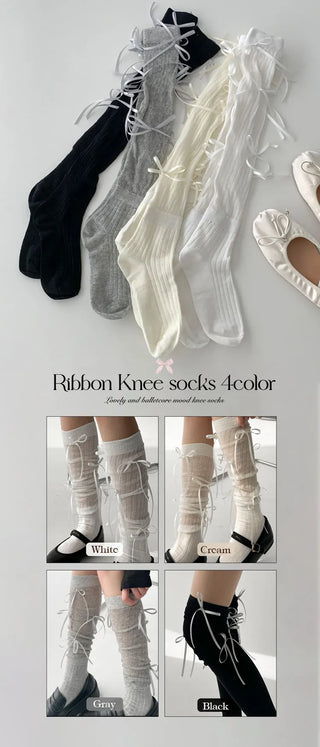 Shirred Ballet Ribbon See-through Knee Socks