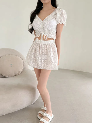 Perforated Flower White Bikini One-Piece Swimsuit