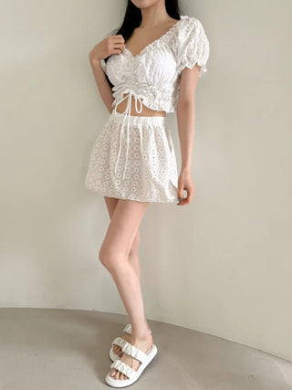 Perforated Flower White Bikini One-Piece Swimsuit