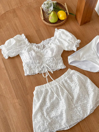 Perforated Flower White Bikini One-Piece Swimsuit