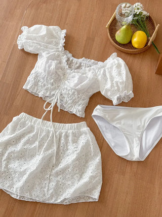 Perforated Flower White Bikini One-Piece Swimsuit