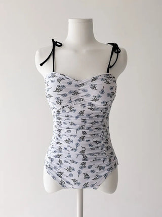 Stev Pattern Flower Shirred Monokini Swimsuit