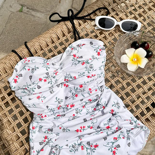 Stev Pattern Flower Shirred Monokini Swimsuit