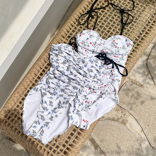 Stev Pattern Flower Shirred Monokini Swimsuit