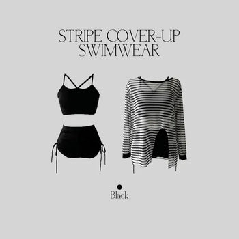 Slit Cover-up Anti-fat Striped Body Cover Black Bikini Swimsuit