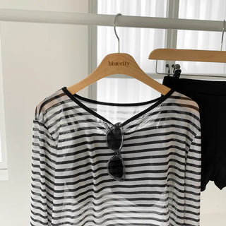 Slit Cover-up Anti-fat Striped Body Cover Black Bikini Swimsuit