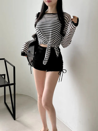 Slit Cover-up Anti-fat Striped Body Cover Black Bikini Swimsuit